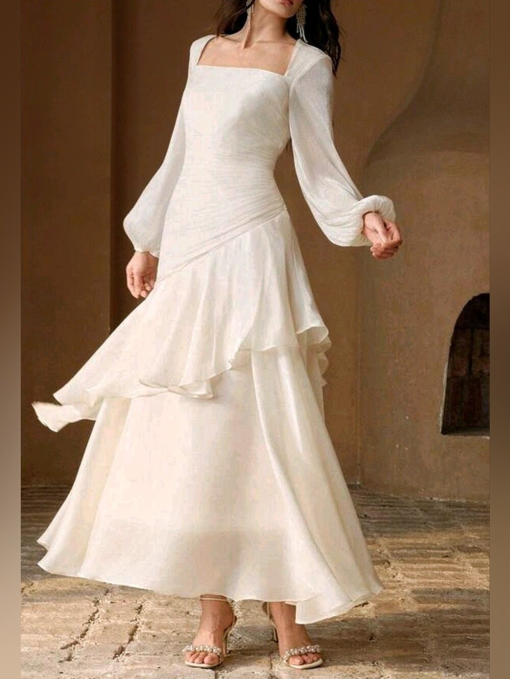 New Metallic Ruched Maxi Dress Square Neck Long Sleeve Ivory Cream